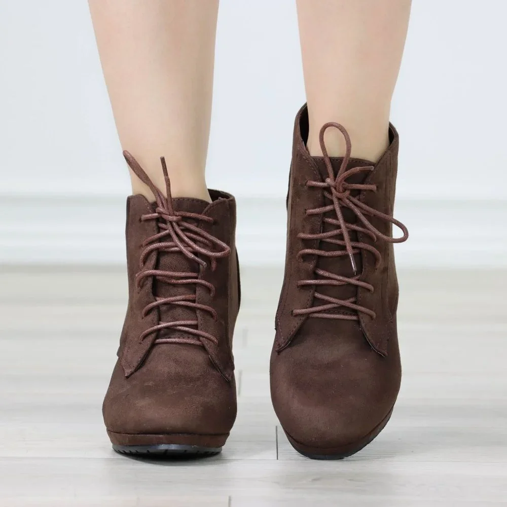 Womens Ankle Boots Lace Up Block Heel Booties Brown Faux Suede - Picture 7 of 11